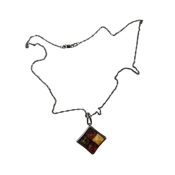 Vintage 925 Sterling Silver Amber Multi-color Pendant Necklace Women's Classic
